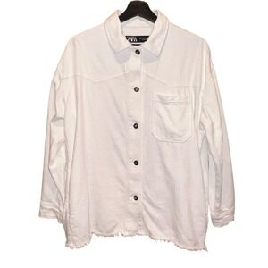 Zara Oversized White Denim Jacket Womens S Frayed Hem Button Down Shacket‎